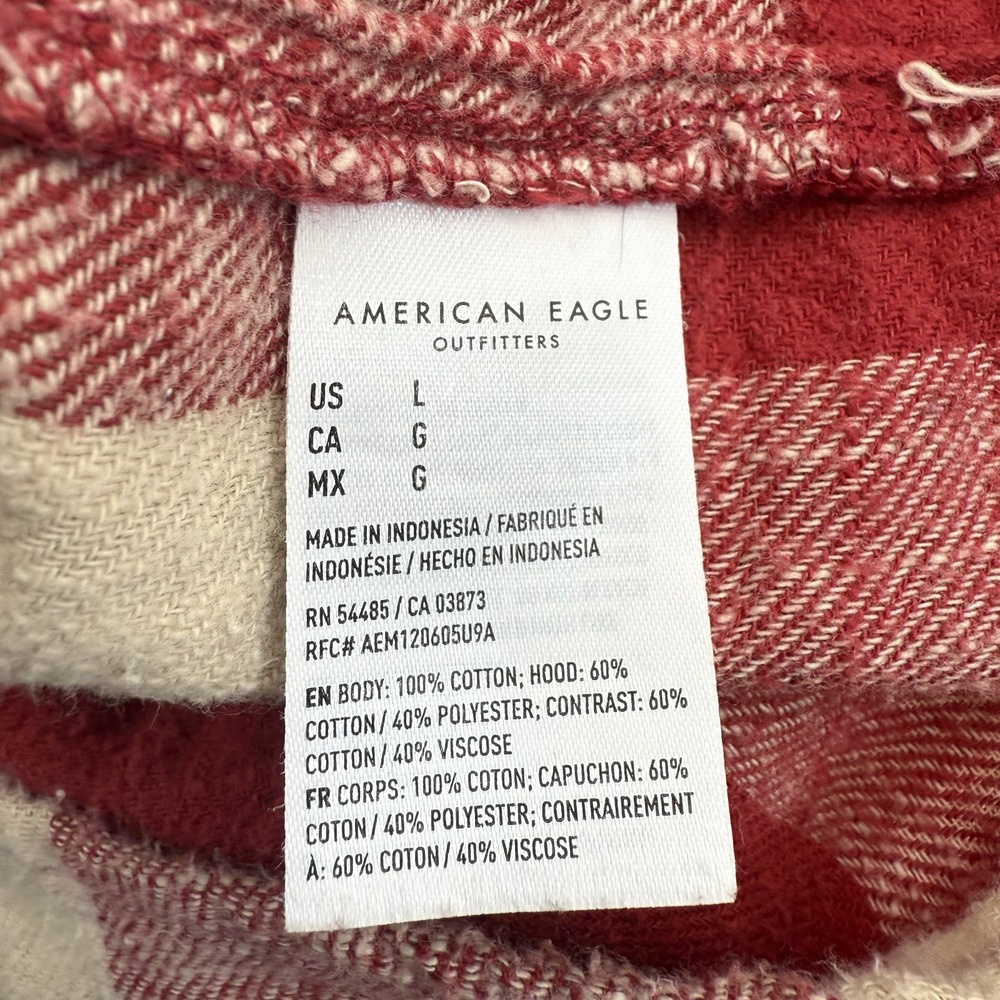American Eagle Flannel Shirt Women's Large Red Plaid Cropped Hooded Button‎ Down - Picture 8 of 11